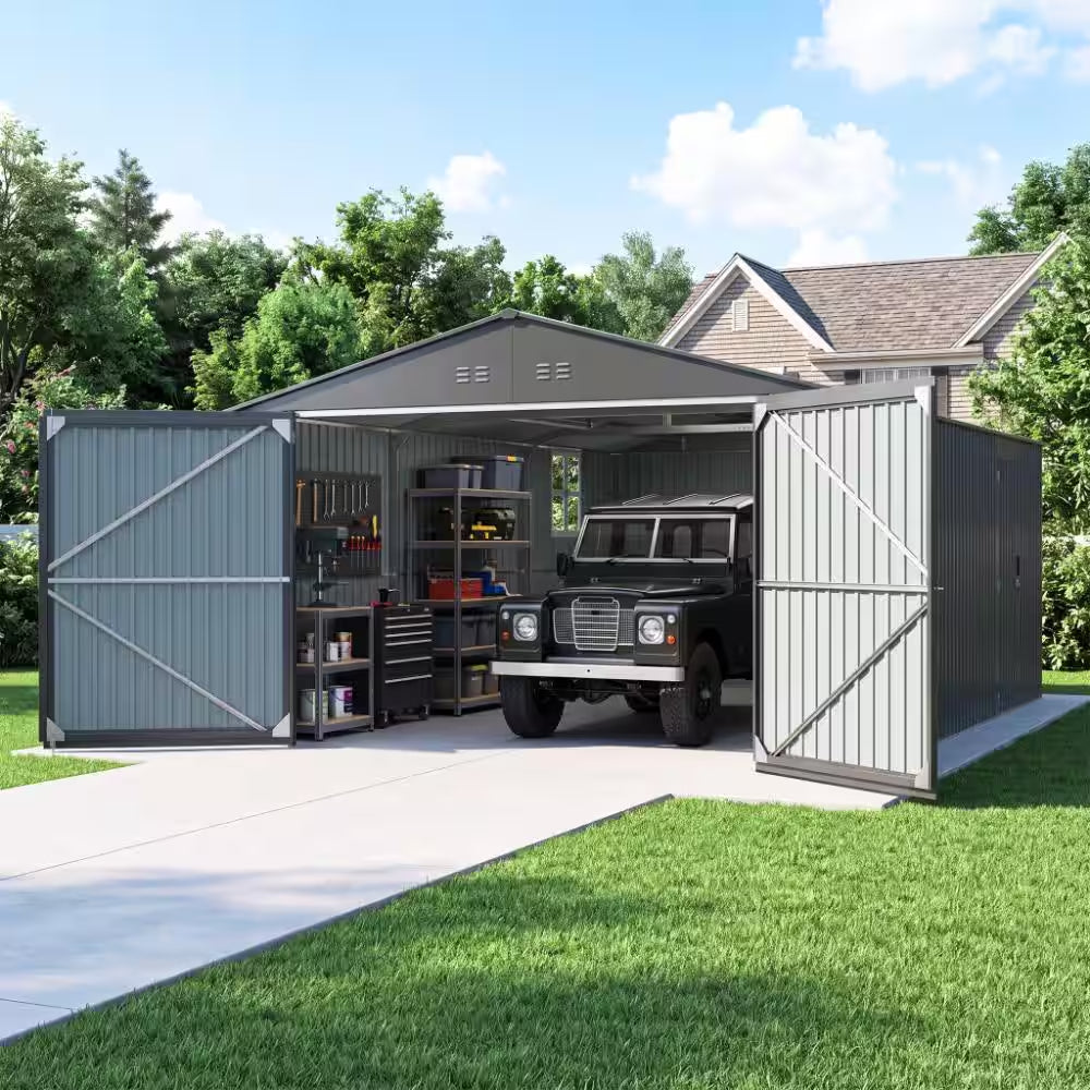 20X13 FT. Black Metal Outdoor Storage Shed Utility Tool House with Window, 2 Doors and 4 Vents
