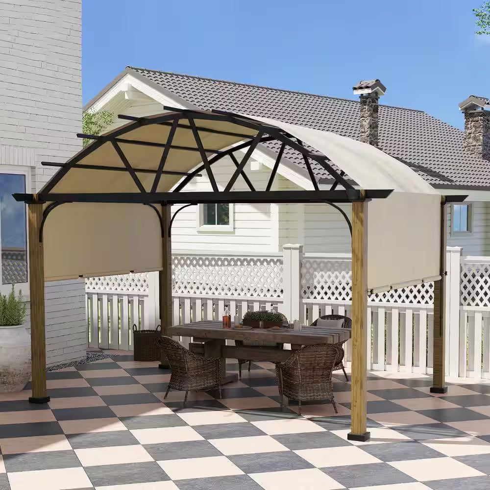10 Ft. X 13 Ft. Aluminum Outdoor Pergola with Wood Grain Finish, Arched Canopy and Beige Retractable Shade