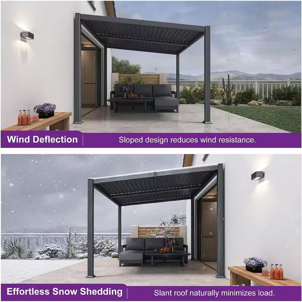 10 Ft. X 20 Ft. Grey Aluminum Outdoor Sloping Roof Louvered Pergola with Individual Adjustable Sunshade Roofs