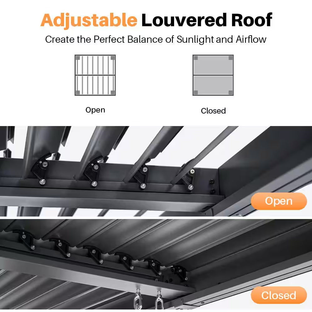 10 Ft. X 10 Ft. Grey All-Aluminum Outdoor Louvered Pergola with Adjustable Roof, Curtains and Netting