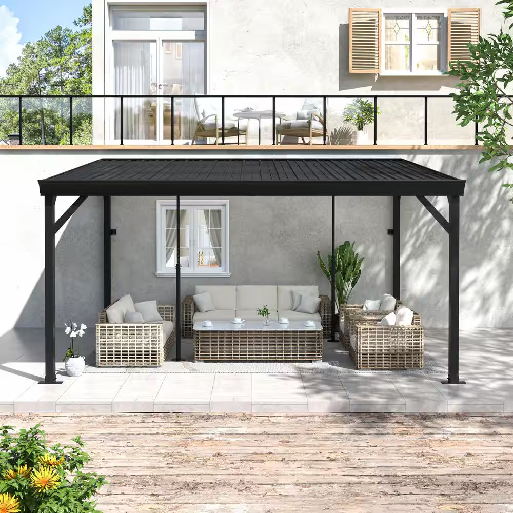 14 Ft. X 10 Ft. Metal Patio Covers with Sloped Roof Wall-Mount Gazebo Pergola