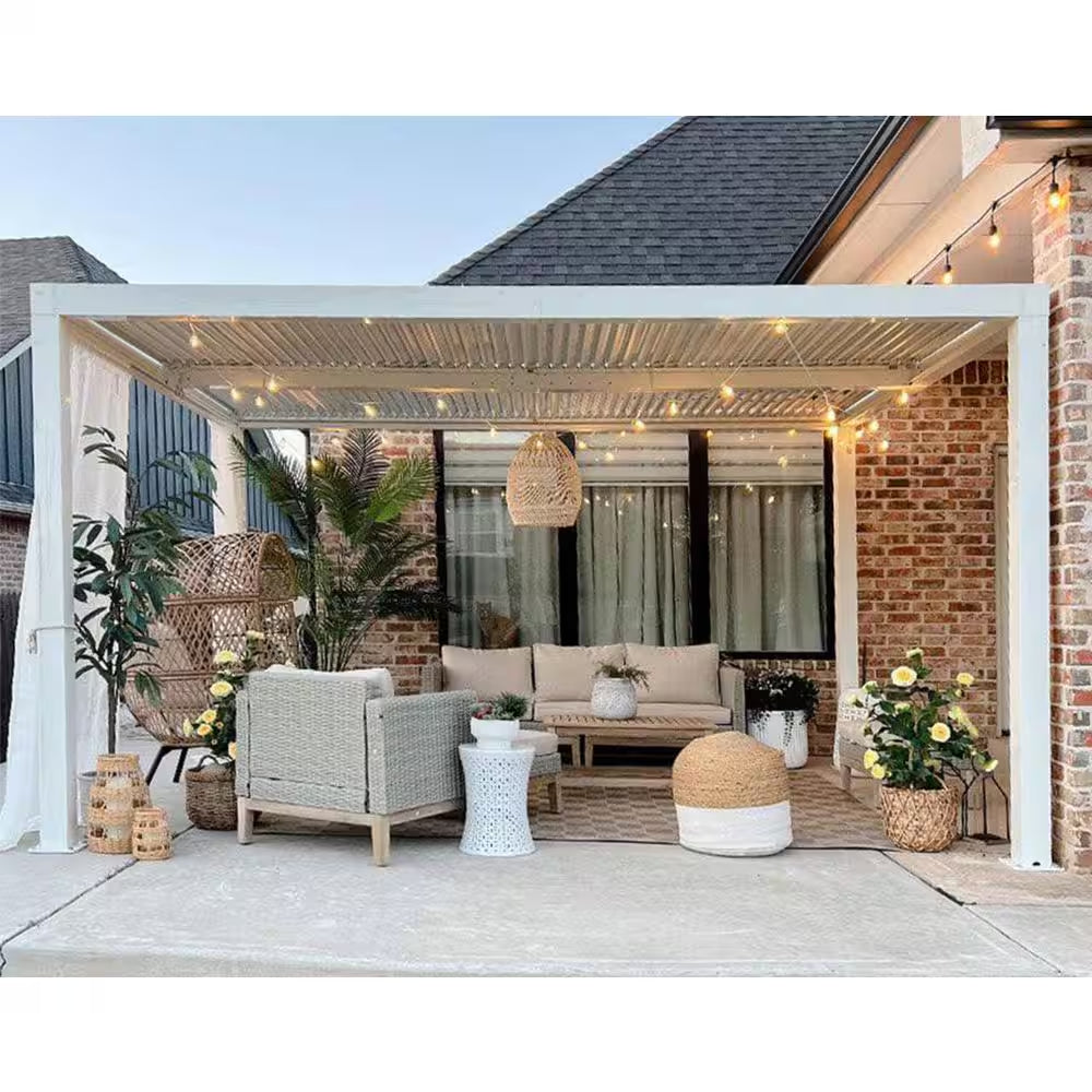 12 Ft. X 14 Ft. White Aluminum Frame Outdoor Hardtop Louvered Pergola with Adjustable Sunshade Roofs and In-Built Gutter