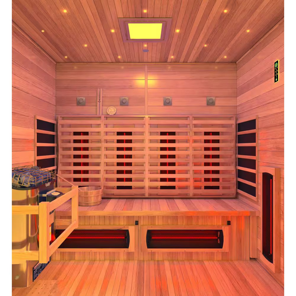 4-Person Infrared and Electric Heater Outdoor Red Cedar and Hemlock Wood Sauna with Wet/Dry Use, Touch Pad Controller