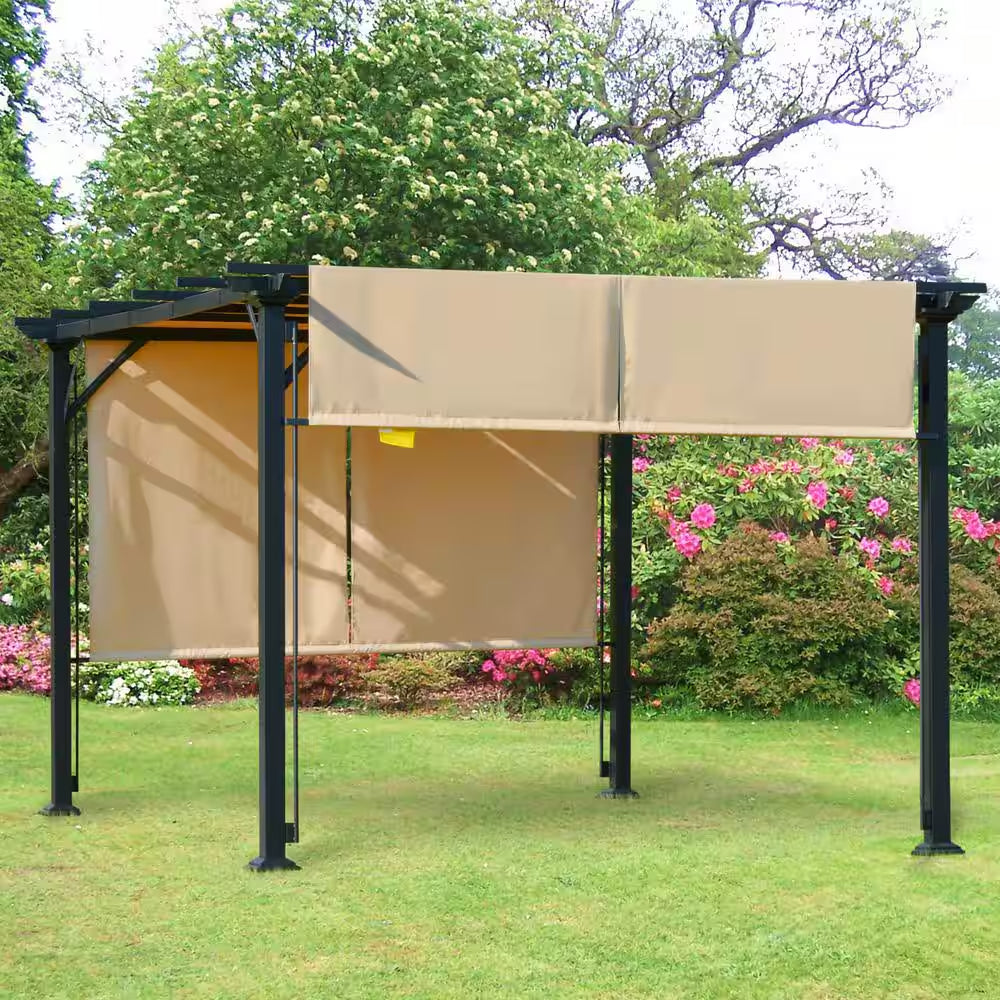 12 Ft. X 10 Ft. Steel Patio Gazebo Pergola with Slideable Canopy Roof/Walls and Uv-Resistant Material