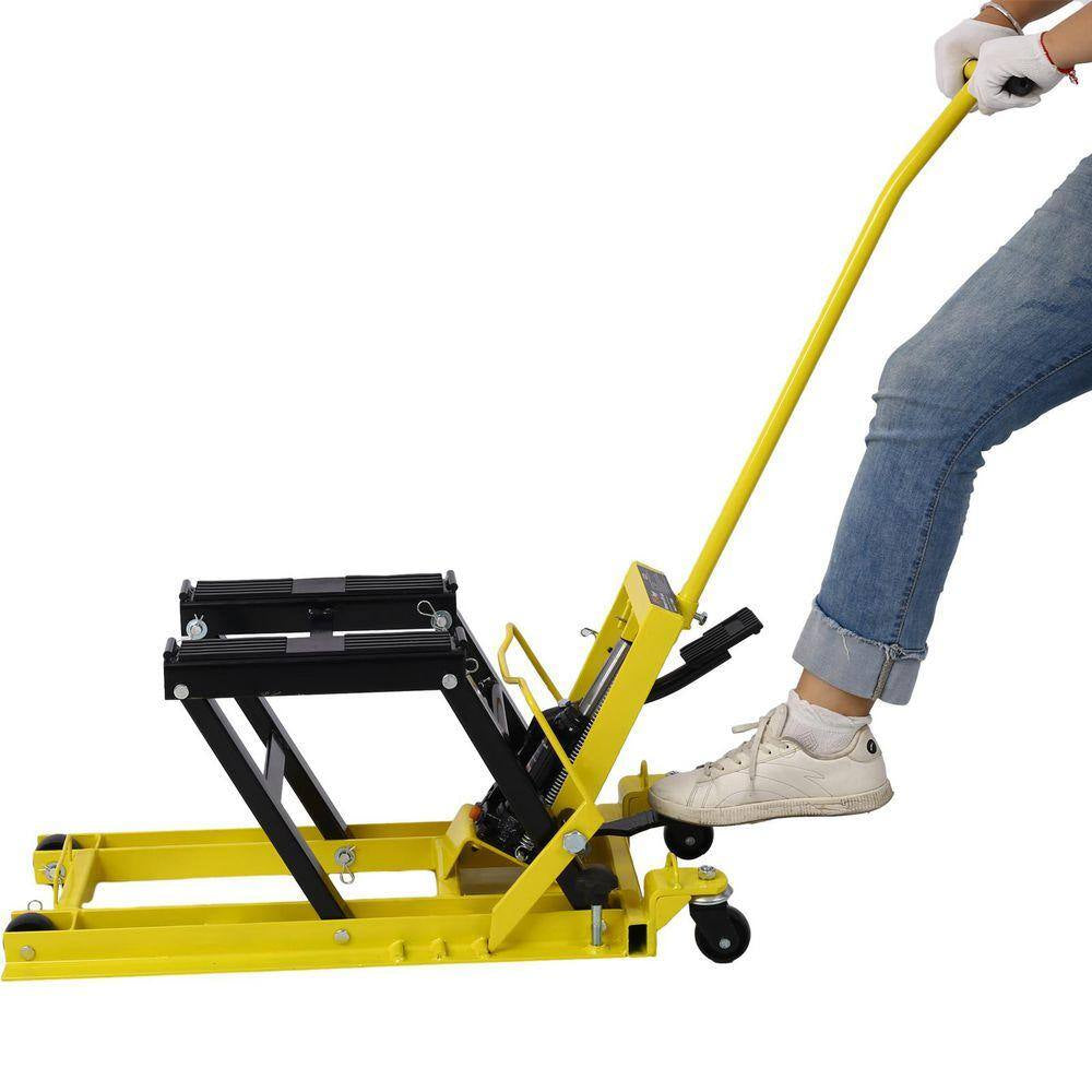 1500 Lb. Capacity Yellow Hydraulic ATV & Motorcycle Jack with 4 Wheels, Foot-Operated Hoist Stand, Maximum Lift 15 In. H