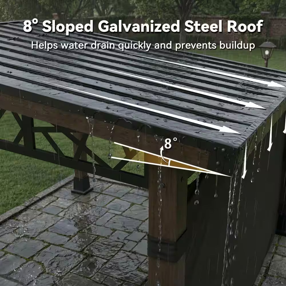 14 Ft. X 12 Ft. Outdoor Wood Frame Patio Hardtop Gazebo with Black Galvanized Steel Roof and Privacy Curtain