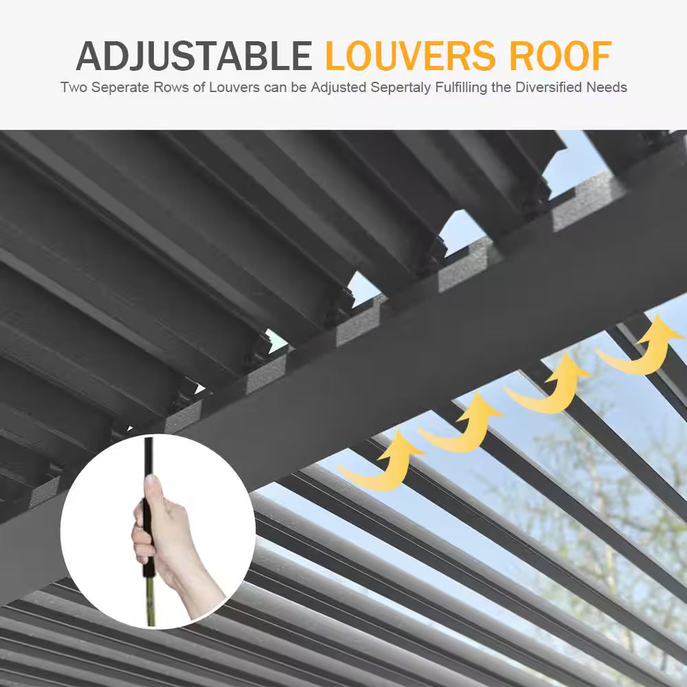 12 Ft. X 16 Ft. Dark Gray Outdoor Aluminum Rainproof Pergola with Curtains and Netting