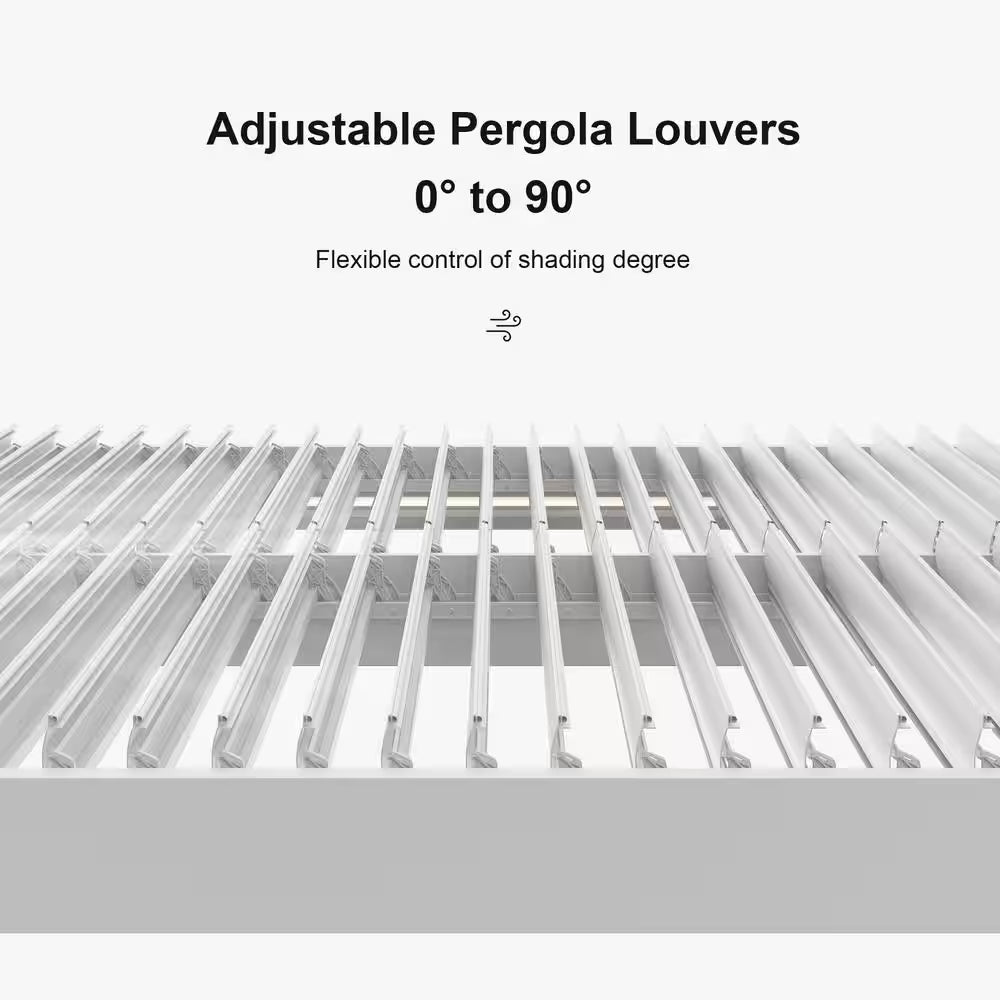 12 Ft. X 14 Ft. White Aluminum Frame Louvered Pergola with Adjustable Sunshade Roofs and 1-Long Side White Roller Shades