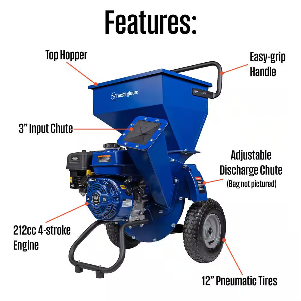 3 In. Dia 212Cc 3-In-1 Gas Powered Wood Chipper Shredder Mulcher