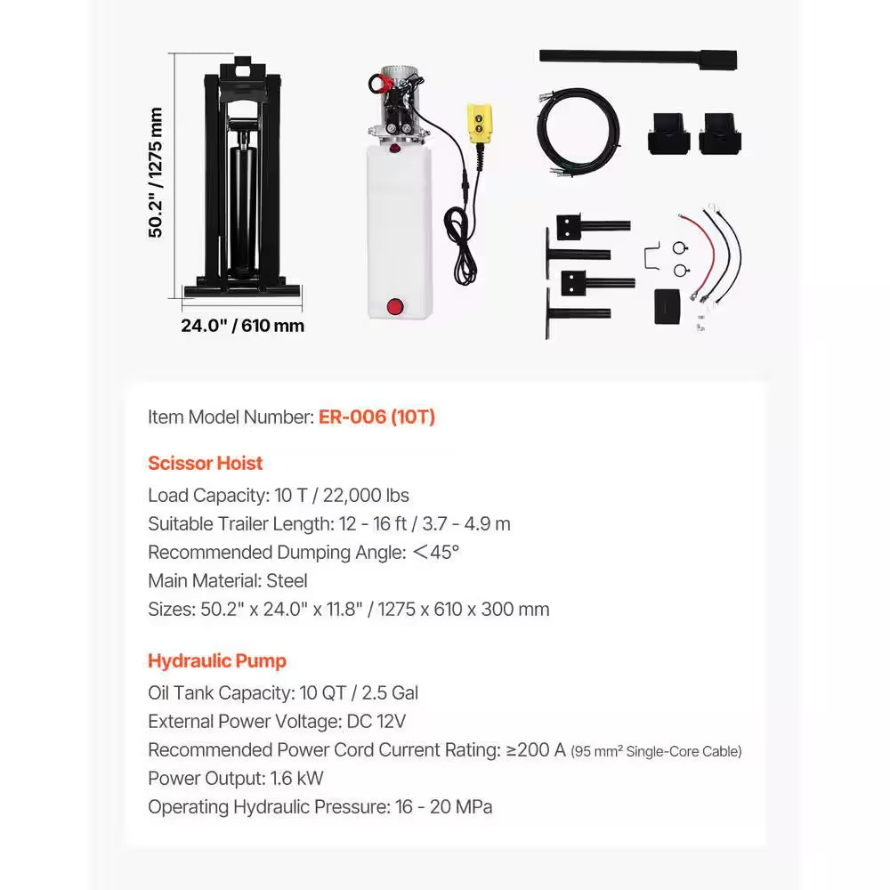 Hydraulic Dump Lift Kit, 22,000 Lb. /10 T Dump Trailer Hydraulic Scissor Hoist Kit Standard Kit, Hydraulic Dump Bed Kit