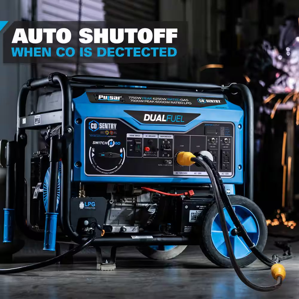 7,750/6,250 -Watt Dual-Fuel Gasoline and Propane with Push to Start Portable Home Power Generator, CO Shutoff
