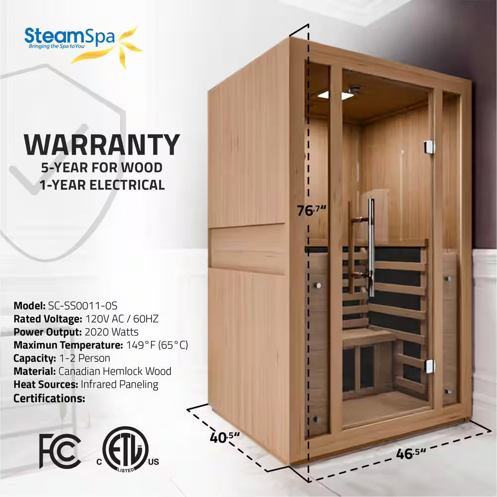 2-Person Indoor Hemlock Wood Carbon FAR Infrared Sauna with Redlight Heating Tube, Touch Control Panel and Bluetooth