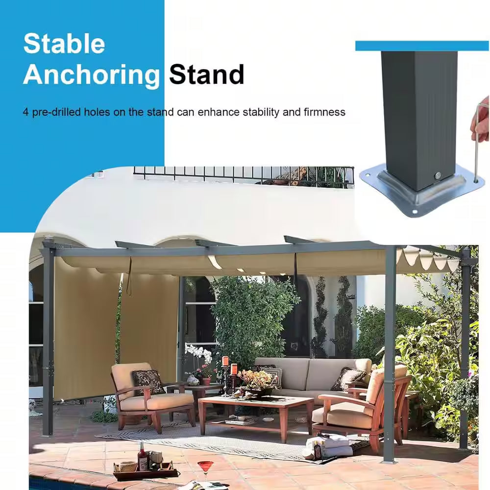 14 Ft. X 12 Ft. Gray Aluminum Frame Patio Pergola with Khaki Retractable Shade Top Canopy and 2-Pieces Roller Shade