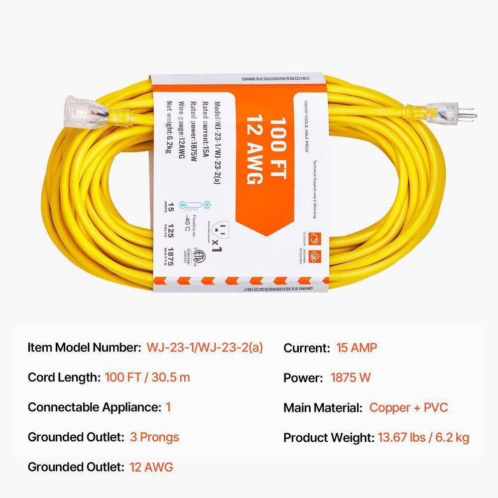 100 Ft. Heavy Duty Extension Cord 12AWG 15 Amp 125-Volts 1875W Generator Extension Cord with Lighted End Flexible