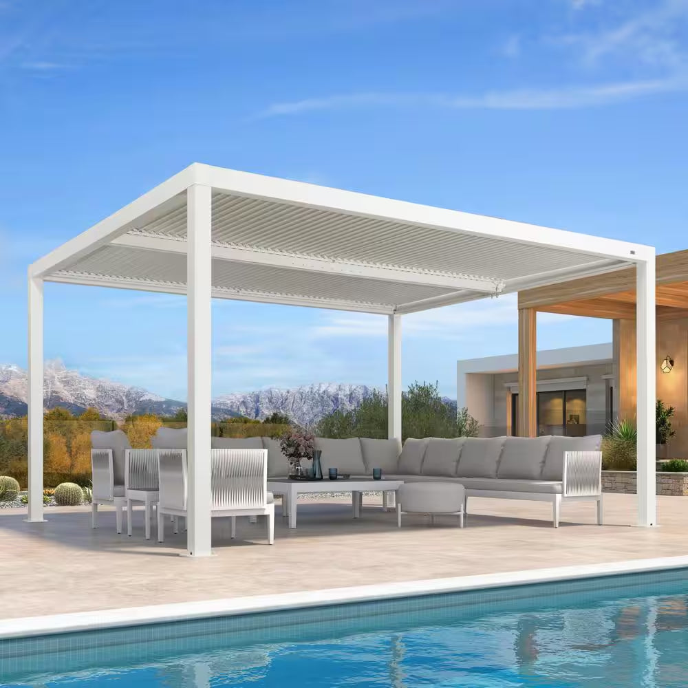 12 Ft. X 14 Ft. White Aluminum Frame Outdoor Hardtop Louvered Pergola with Adjustable Sunshade Roofs and In-Built Gutter