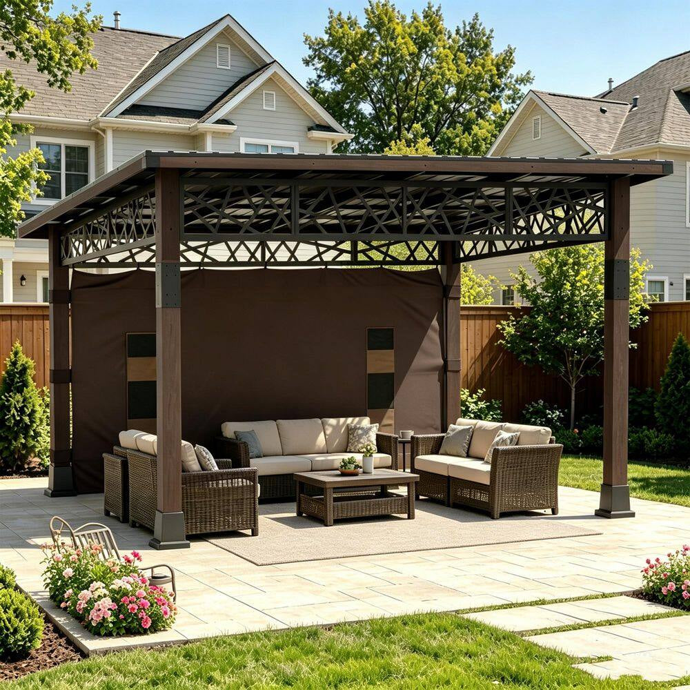 14 Ft. X 12 Ft. Outdoor Wood Frame Patio Hardtop Gazebo with Black Galvanized Steel Roof and Privacy Curtain