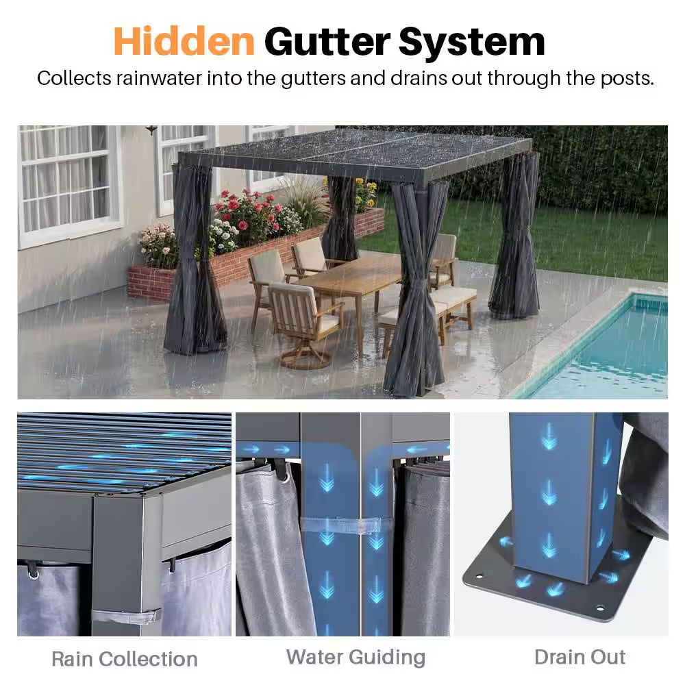 10 Ft. X 12 Ft. Grey All-Aluminum Outdoor Louvered Pergola with Adjustable Roof, Curtains and Netting