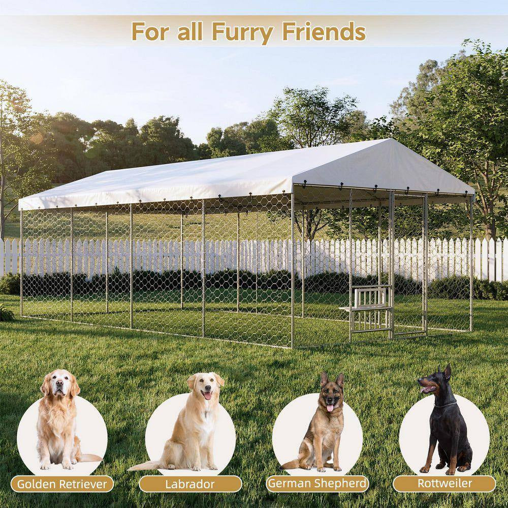10 Ft.W X 20 Ft.D Outdoor Metal Shed Dog Kennel W/Canopy,Built-In Elevated Feeding Bowls,Escape-Proof(200 Sq.Ft.)