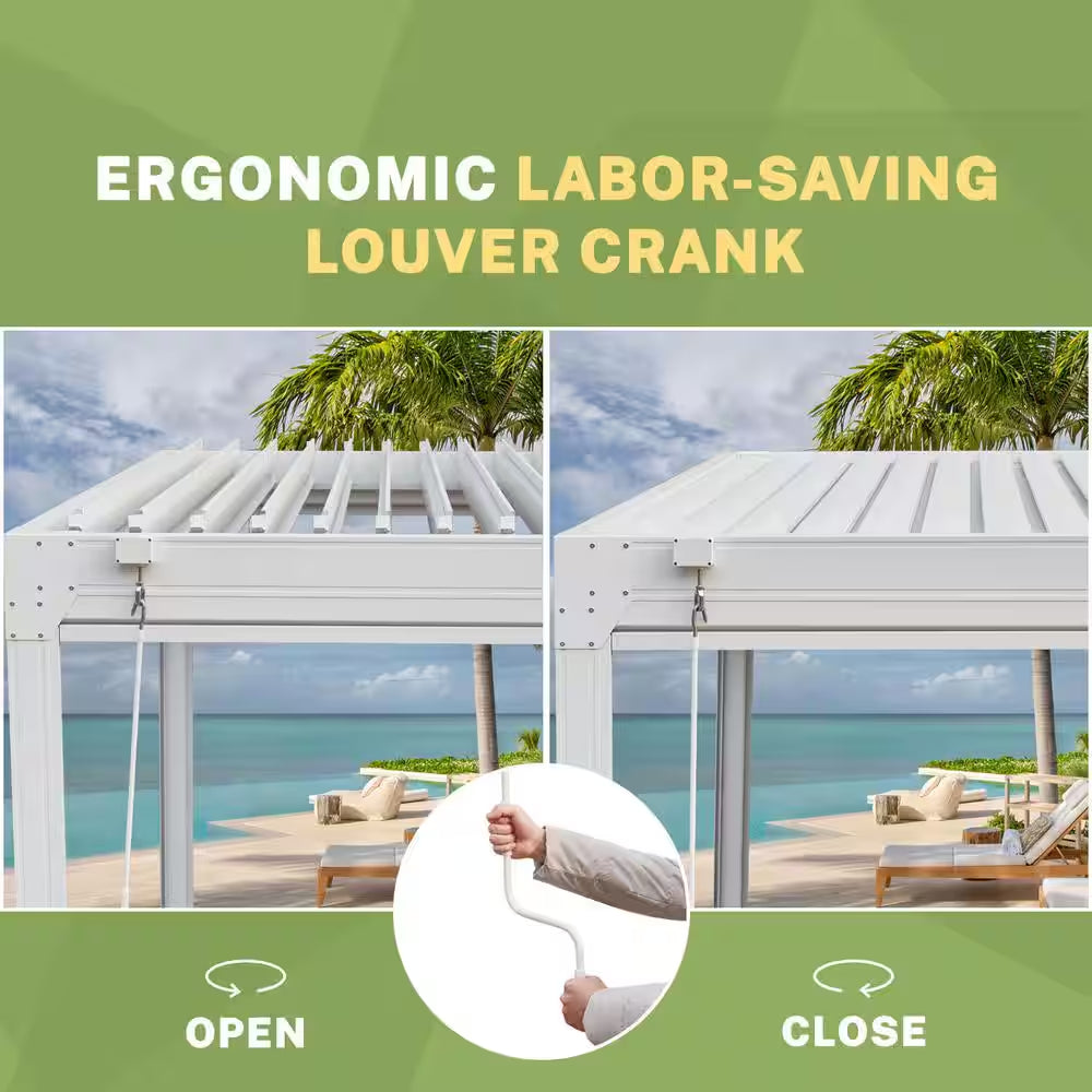 12 Ft. X 20 Ft. Louvered Pergola with Adjustable Rainproof Roof, Wood Grain Outdoor Aluminum Pergola for Patio, White