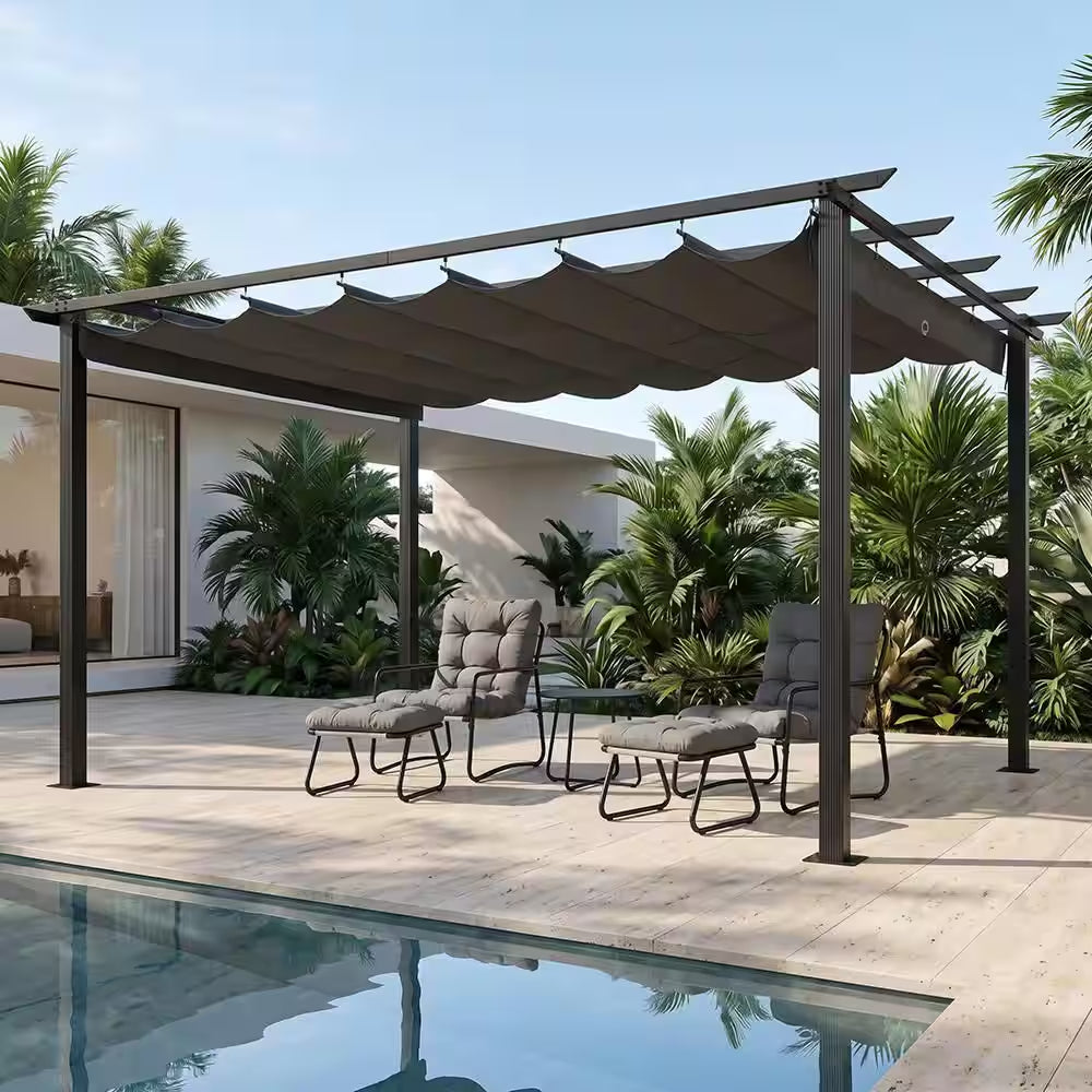 10 Ft. X 13 Ft. Grey Aluminum Outdoor Pergola with Grey Retractable Sun Shade Canopy