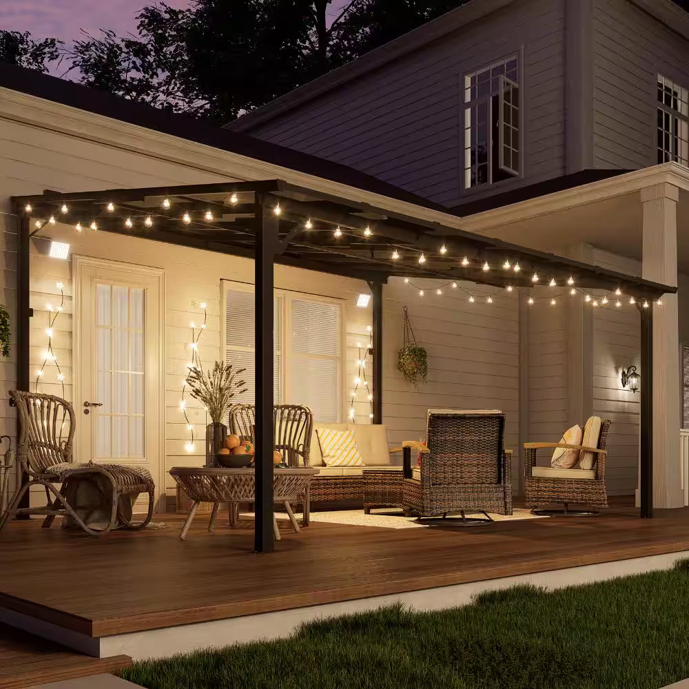 12' X 14' Wall Mounted Gazebo Heavy Duty Metal Pergola with Sloped Roof Lean to Awning for Patio Deck Backyard, Black