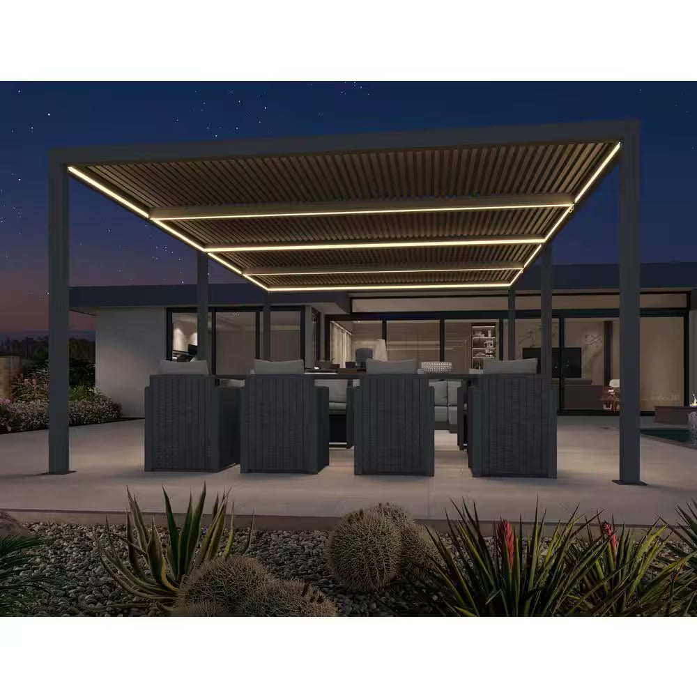14 Ft. X 20 Ft. Gray Aluminum Frame Outdoor Louvered Pergola Gazebo with Adjustable Sunshade Roof and LED Strip Lights