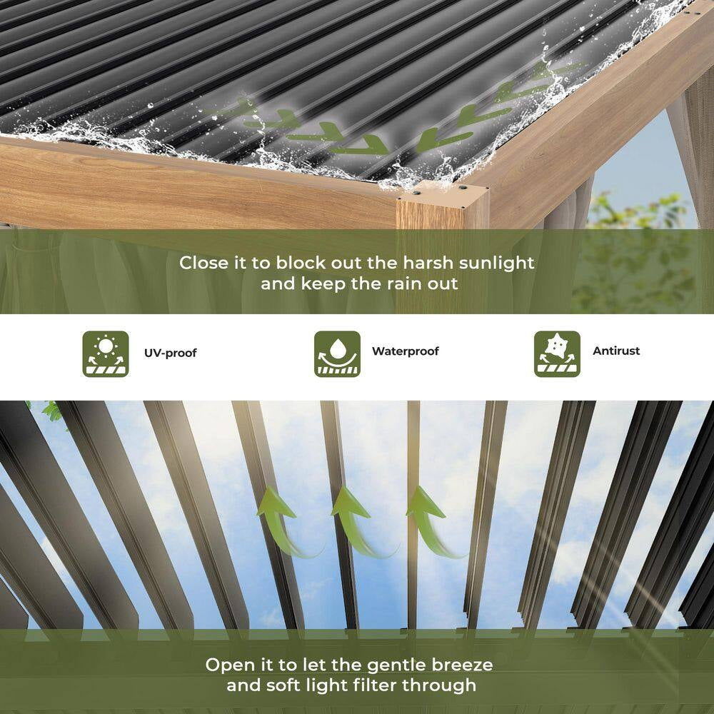 10 Ft. X 13 Ft. Wood Grain Aluminum Louvered Pergola with Adjustable Roof and Khaki Curtains