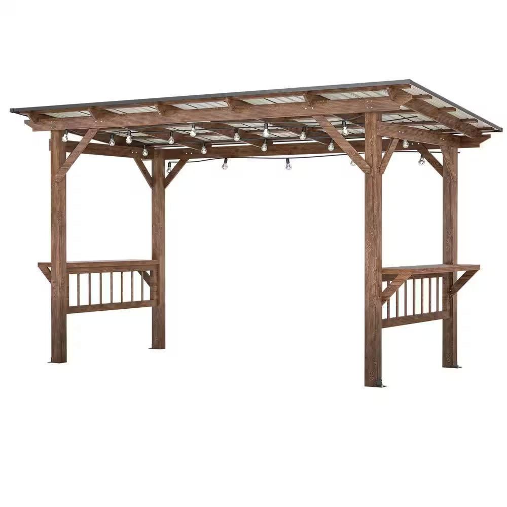 13 Ft. X 6.5 Ft. Brown Wooden Pergola Grill Gazebo with Metal Roof and Bulbs and Bar Counters