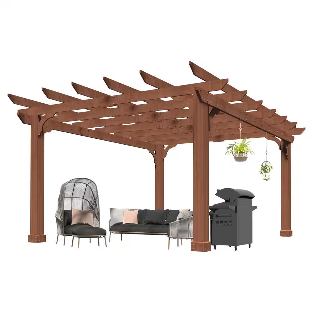 12 Ft. W X 10 Ft. D Cedar Wood Patio Pergola Shade Structure for Outdoor, Brown