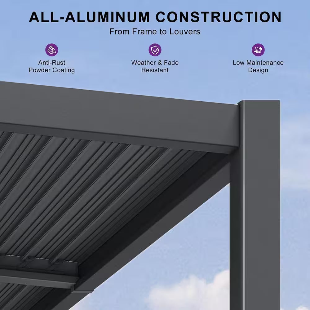 10 Ft. X 20 Ft. Grey Aluminum Outdoor Sloping Roof Louvered Pergola with Individual Adjustable Sunshade Roofs