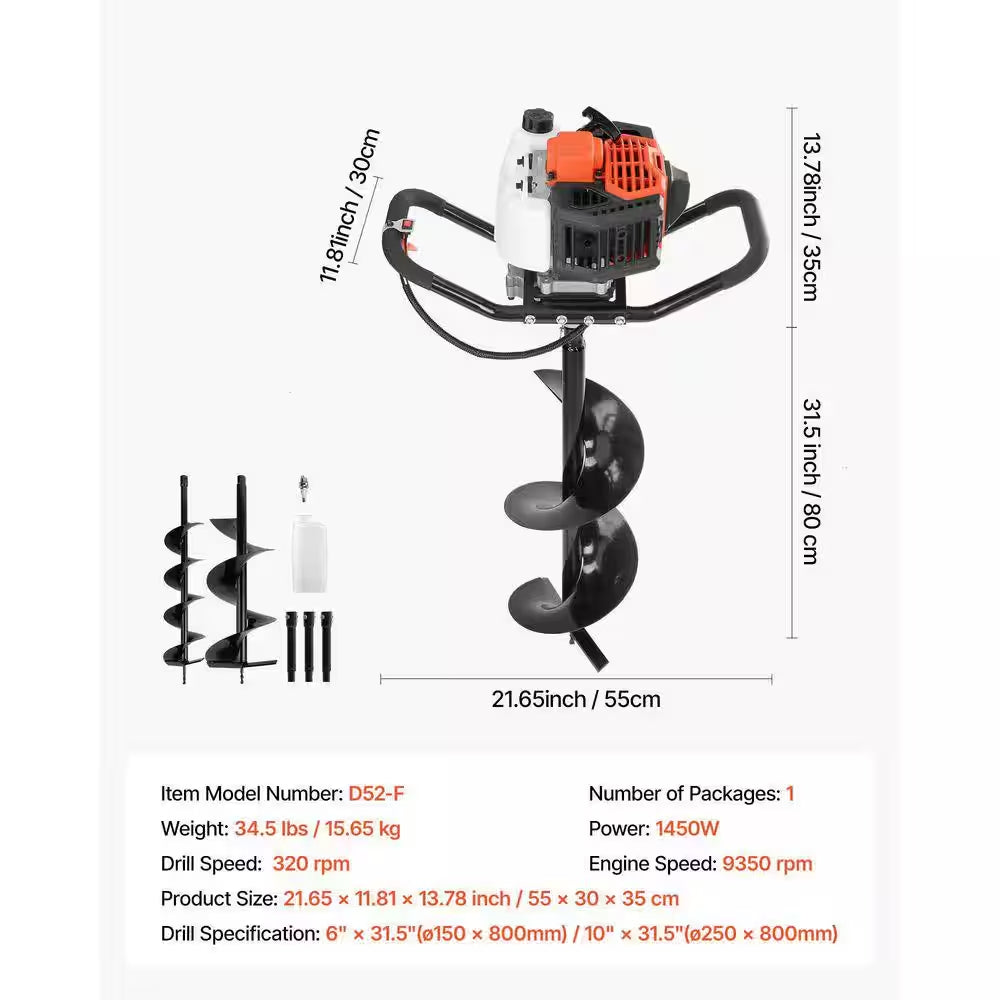 Post Hole Digger, 30 In. Long Alloy Steel Auger 52Cc 1450W Auger Post Hole Digger, Gas Powered Earth Digger