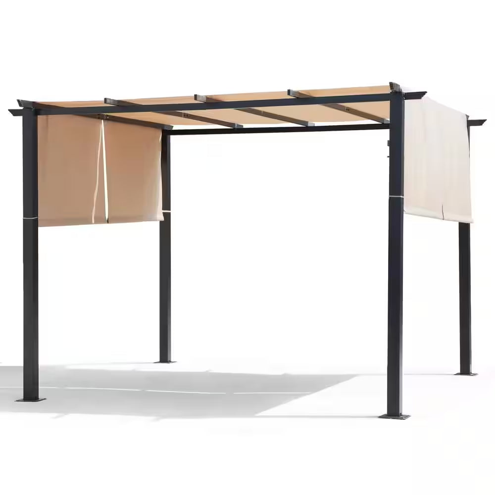 10 Ft. X 10 Ft. Flat Beige Top Outdoor Pergola Canopy with Adjustable and Retractable Canopy