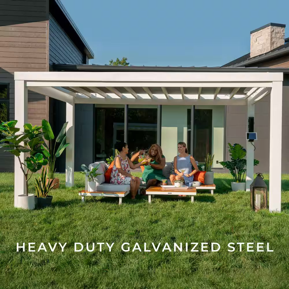 Windham 14 Ft. X 10 Ft. White Powder Coated Galvanized Steel Metal Modern Pergola W/ Sail Shade Soft Canopy and Electric