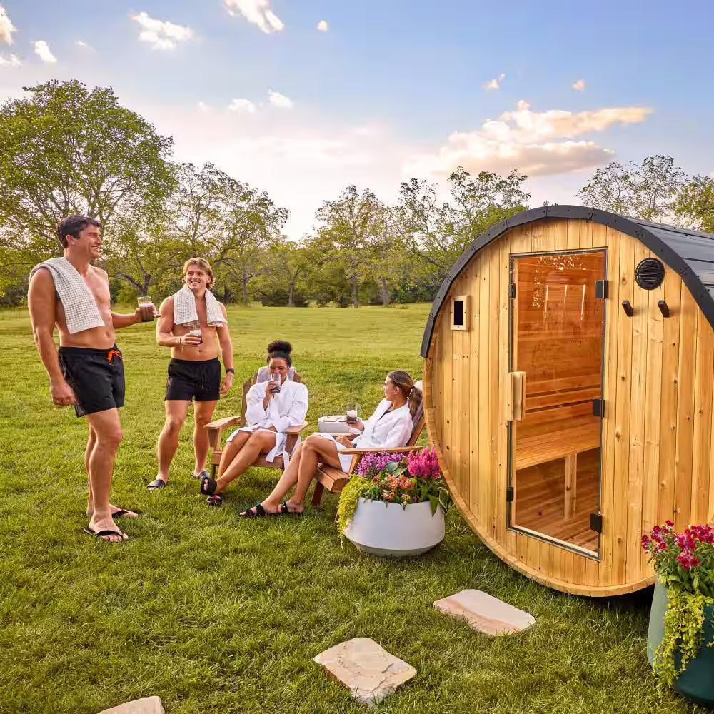 Paxton 6-Person Outdoor Cedar Traditional Wet/Dry Barrel Sauna with 9Kw Electric Heater, Wi-Fi Control, LED Lights