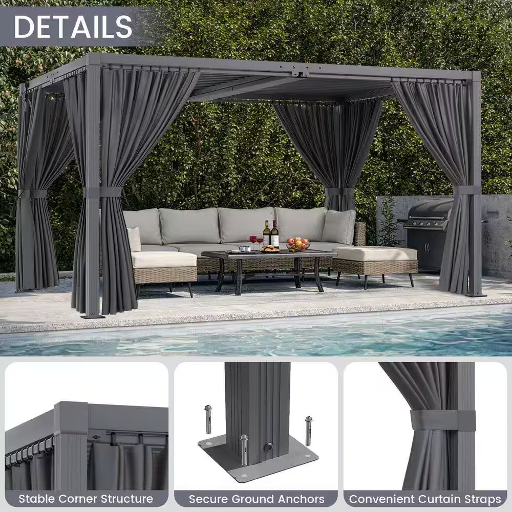 12 Ft. X 16 Ft. Gray Aluminum Louvered Pergola with Steel Roof
