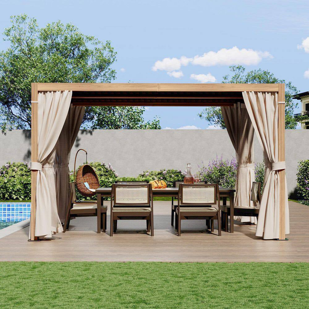 10 Ft. X 13 Ft. Wood Grain Aluminum Louvered Pergola with Adjustable Roof and Khaki Curtains