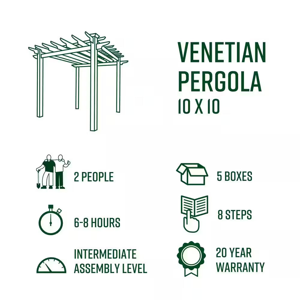 120"L X 120"W X 108"H Vinyl Venetian Pergola, White, VA42022