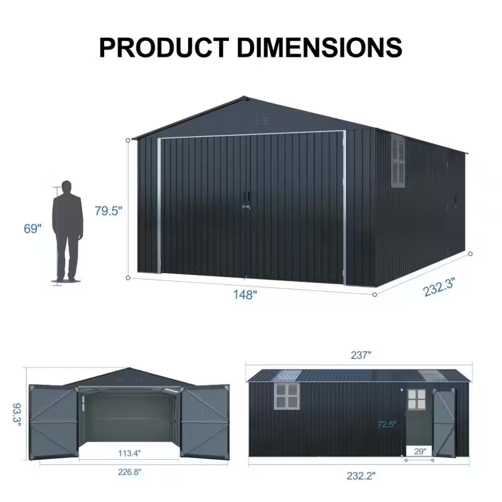 20X13 FT. Black Metal Outdoor Storage Shed Utility Tool House with Window, 2 Doors and 4 Vents
