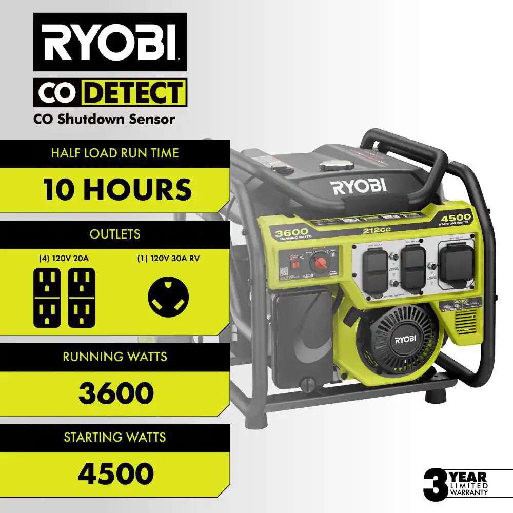 4500/3600-Watt Recoil Start Gas Powered Portable Generator with CO Detect Shutdown for Rv'S, Jobsites, and Storms