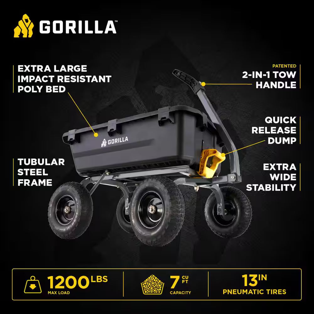 7 Cu. Ft. Heavy Duty Plastic Dump Garden Cart, 1200 Lbs. Capacity, Pull/Tow Handle Design