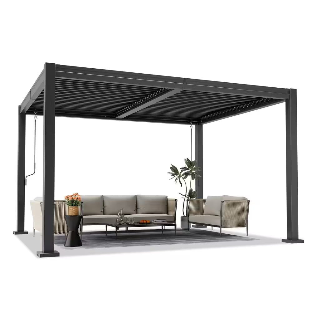 10 Ft. X 12 Ft. Black Steel Outdoor Louvered Pergola with Water-Tight Adjustable Roof