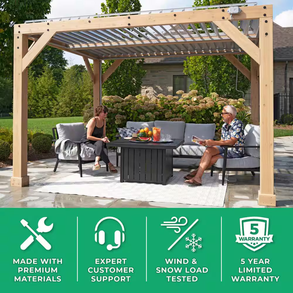 Meridian 10 Ft. X 12 Ft. Premium Cedar Patio Shade Pergola with Gray Louvered Roof Panels and Built-In Gutter System
