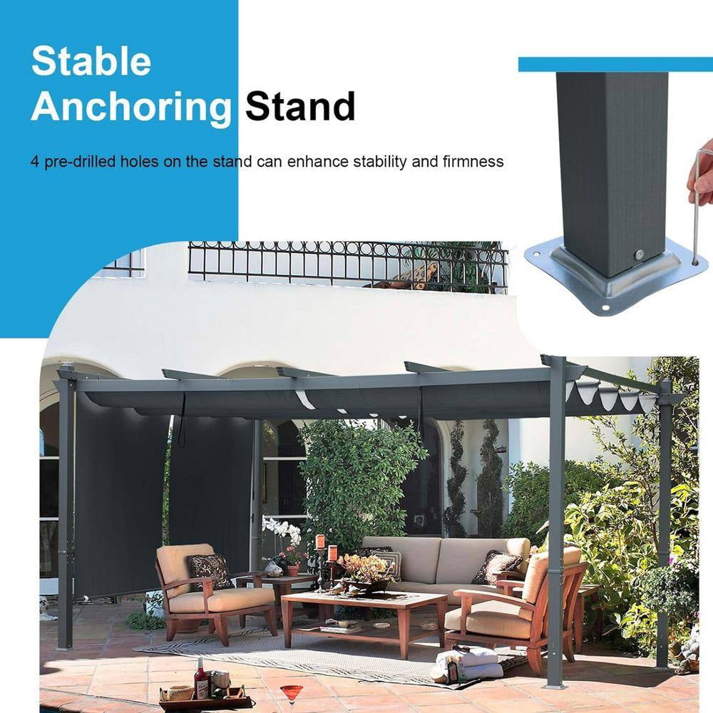 14 Ft. X 12 Ft. Gray Aluminum Frame Patio Pergola with Gray Retractable Shade Top Canopy and 2-Pieces Roller Shade