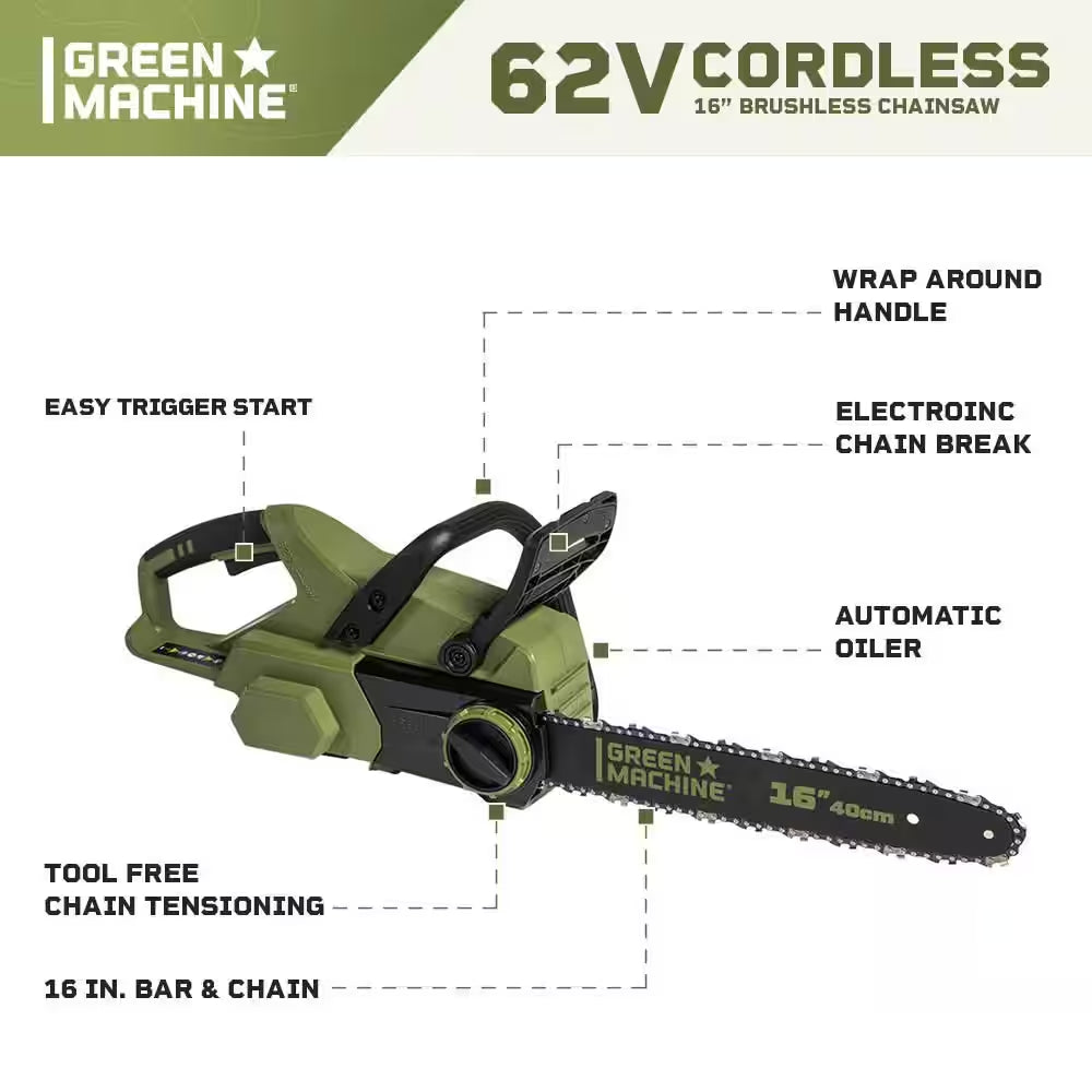 62V Brushless 16 In. Battery Chainsaw Auto-Tensioning System, Easy Trigger Start with 4 Ah Battery and Charger