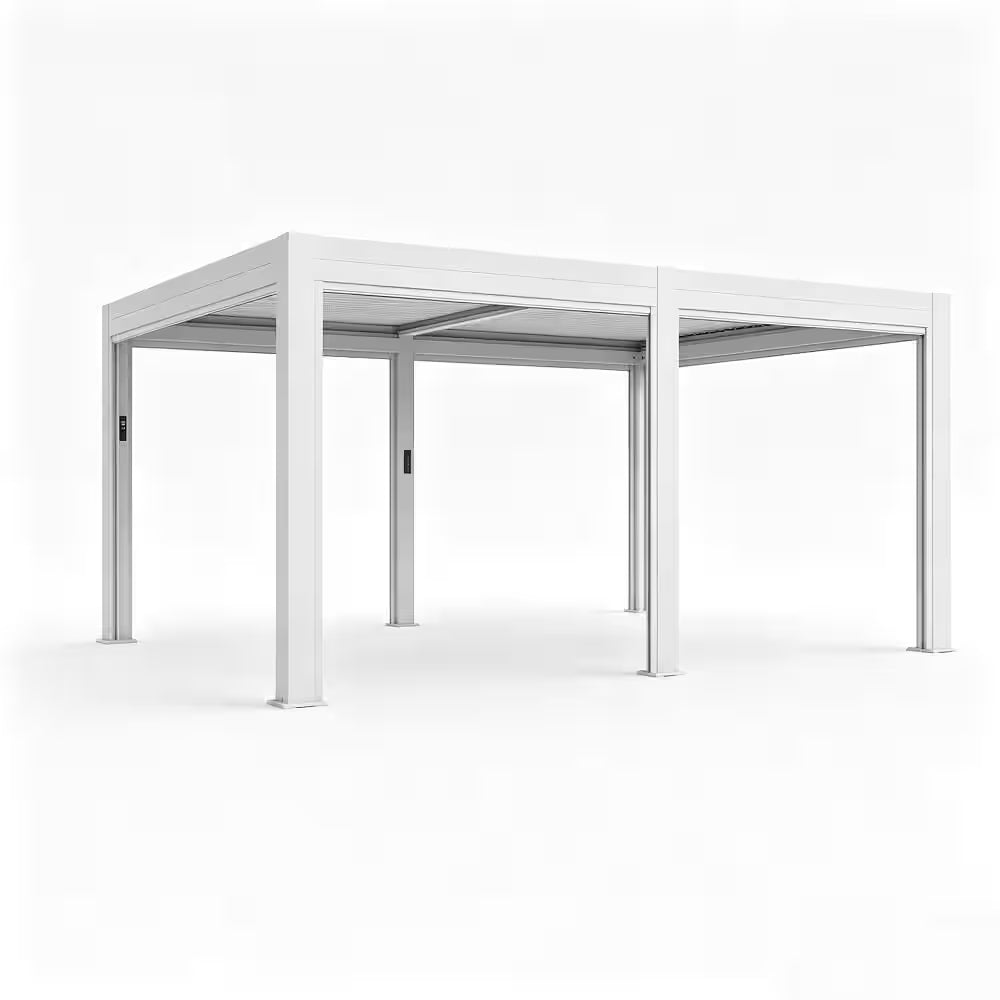 12 Ft. X 16 Ft. White Outdoor Pergola with LED Lights, Aluminum Gazebo with Motorized Louvers and Side Screens