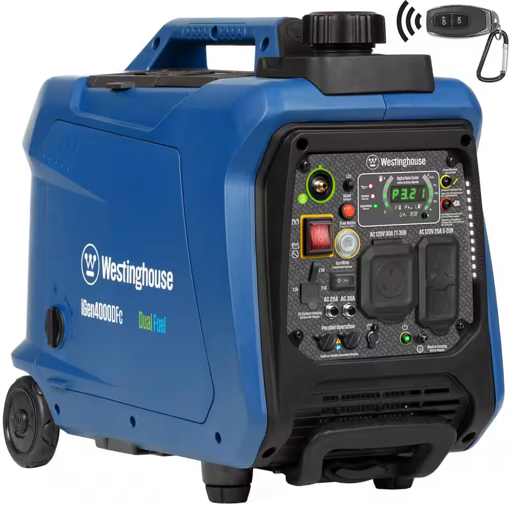 4,000-Watt Gas and Propane Powered Portable Inverter Generator with Remote Electric Start, LED Data Center
