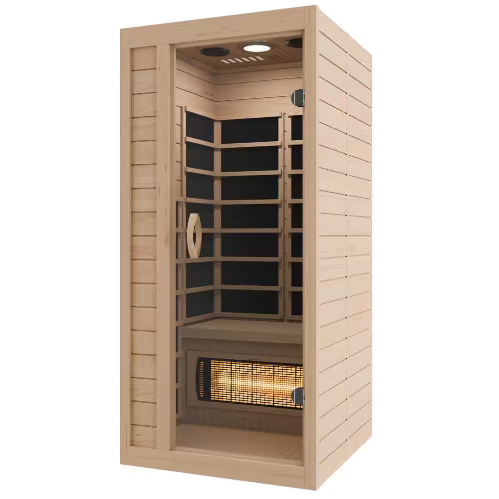 Home Sauna Room 1-Person Indoor Hemlock Wooden Infrared Sauna Spa with Bluetooth Digital Control Panel