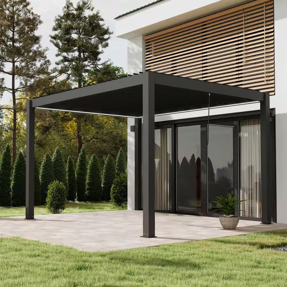 10 Ft. X 12 Ft. Dark Gray Outdoor Aluminum Louvered Pergola with Color-Changing LED Lights
