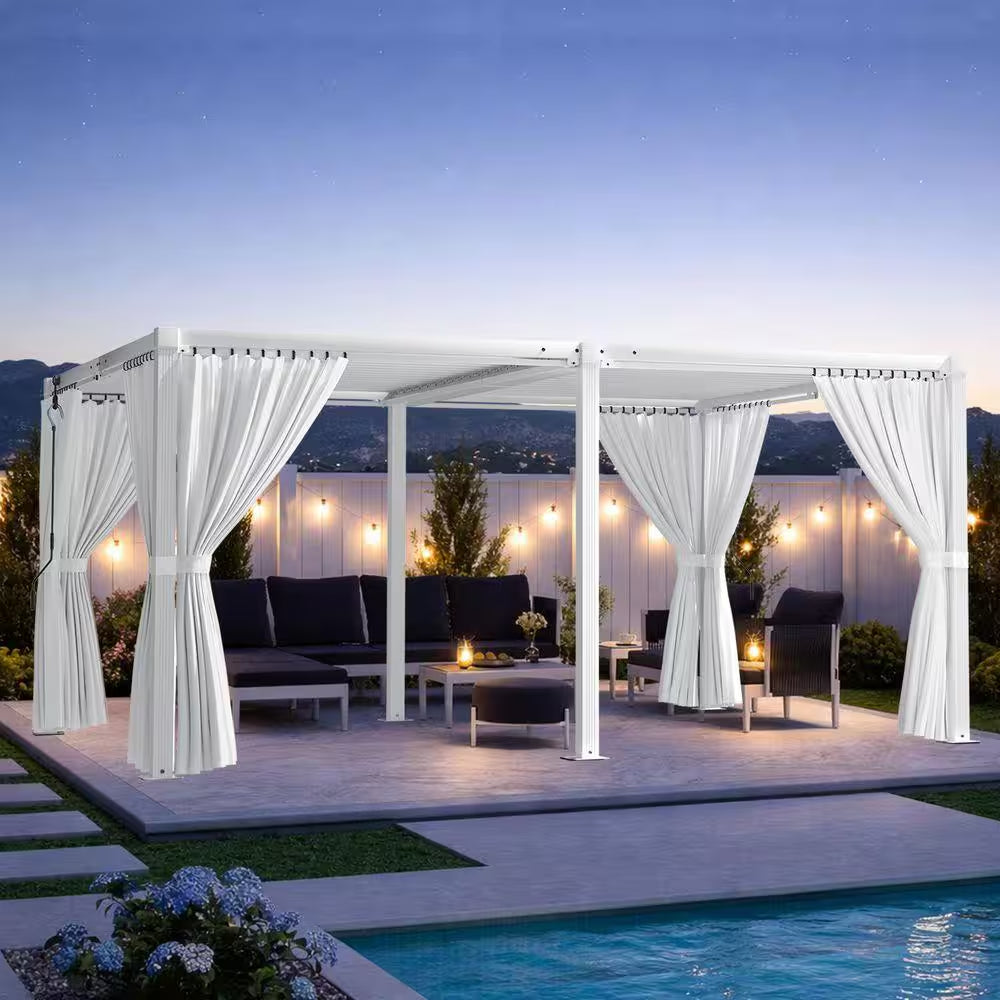 12 Ft. X 16 Ft. White Aluminum Louvered Pergola with Steel Roof and Curtains