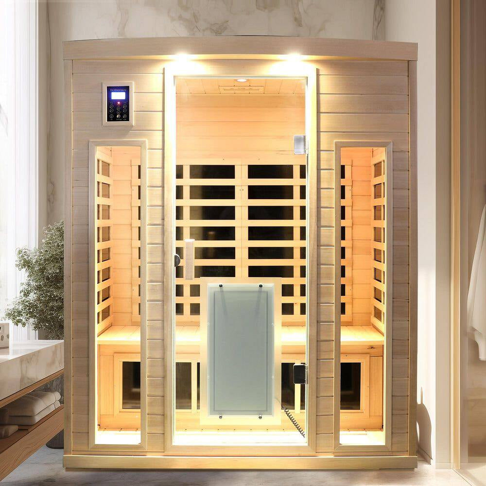 3-Person Natural Wood Far Infrared Hemlock Wood Sauna Room with LED Reading Light